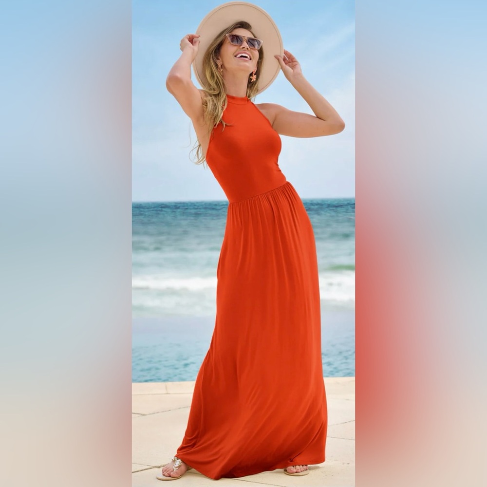 VENUS Bright Tangerine-Colored Halter Maxi Dress w Pockets Ties at Neck Backless